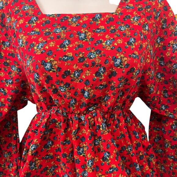 Romantic Cottagecore Red Floral Peplum Blouse | Square Neck Puff Sleeve Small - Picture 7 of 14